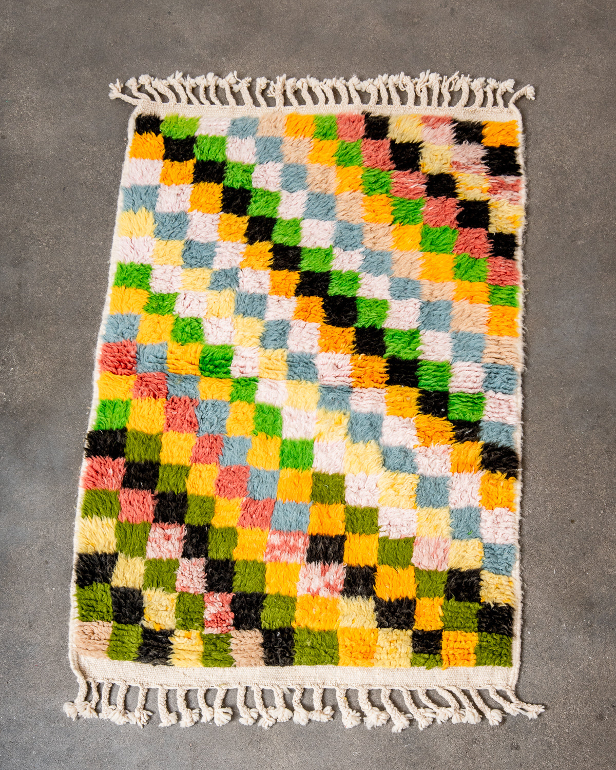 Modern, designer, handcrafted Berber rug from Morocco. Beniourain carpet with beautiful colours and patterns and fluffy wool texture.